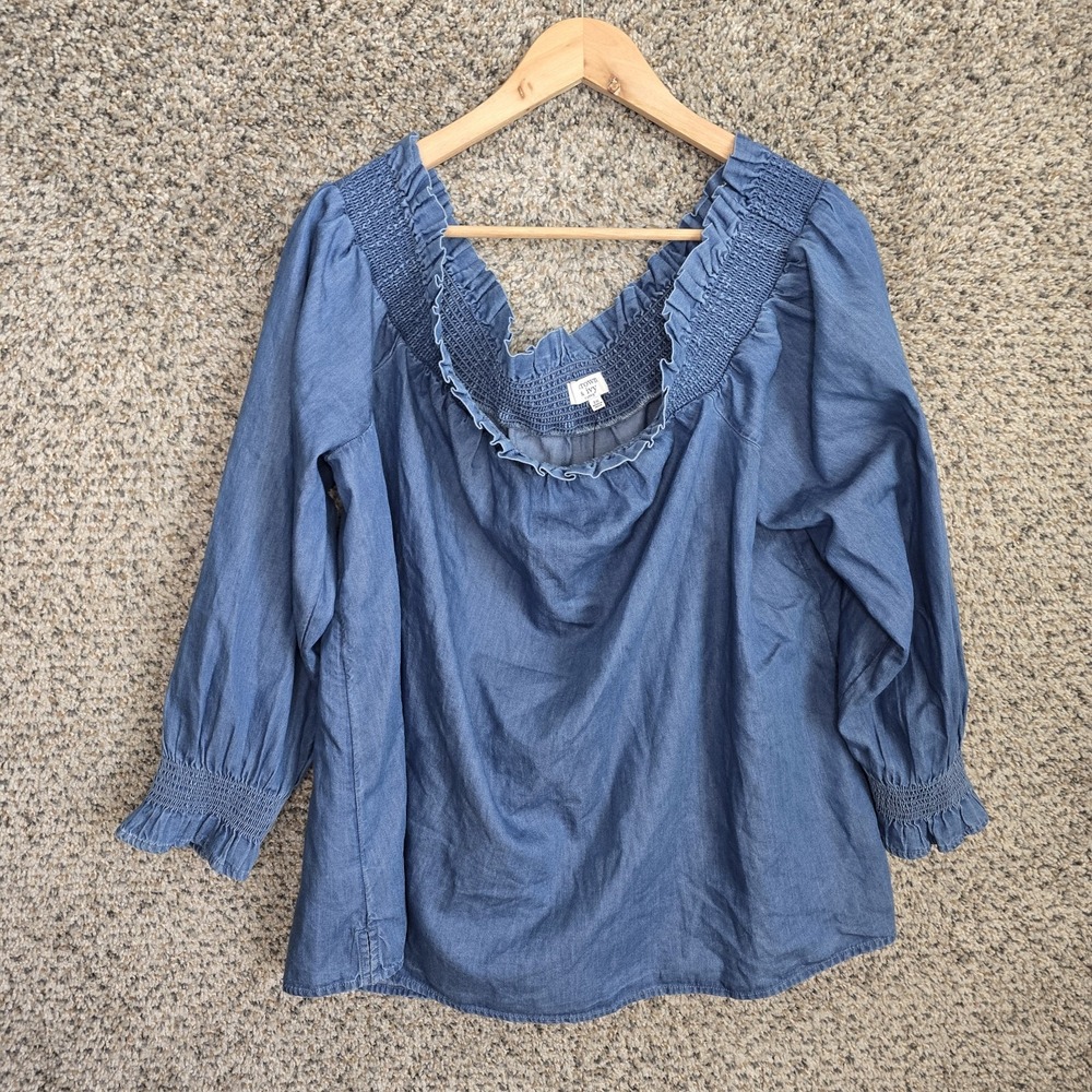 Crown & Ivy Top Womens Plus‎ 2X Blue Chambray Off The Shoulder Blouse Ladies